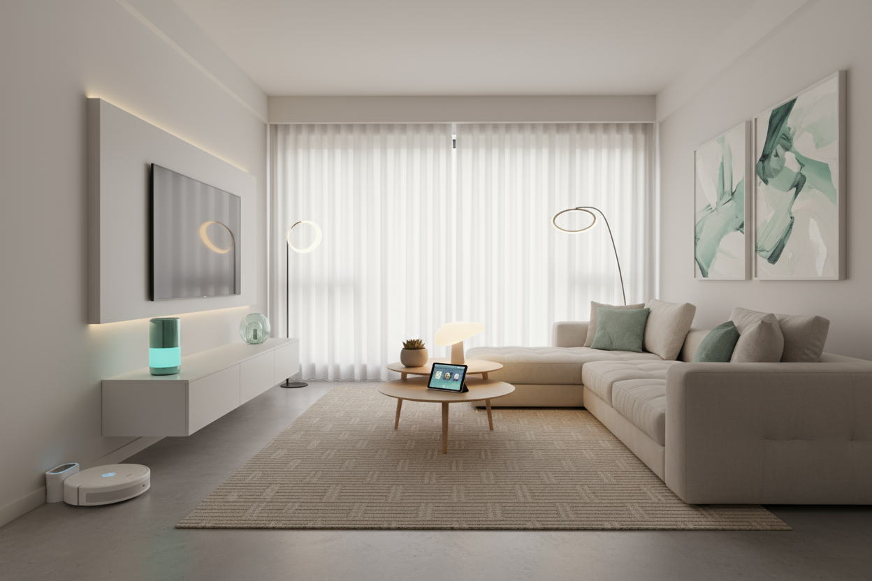 
modern living room with smart gadgets like automatic vacuum cleaner, led lamp, wireless speaker, minimalist furniture, cozy lighting, neutral beige and white tones with aqua green accents, realistic photo, lifestyle composition, 16:9 wide shot –v 6 –ar 16:9 –q 2 –style raw